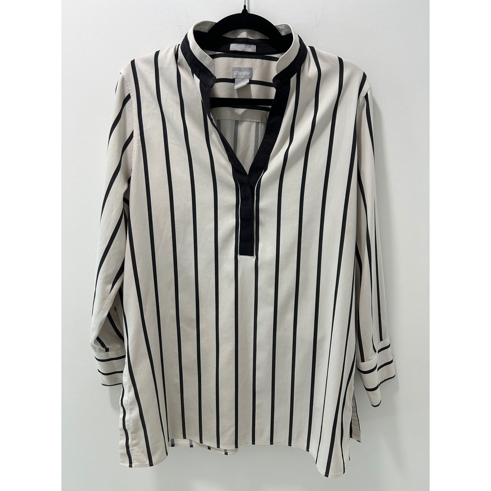 Chicos No-Iron Chic Stretch Tunic Top Womens 2 L Alabaster Black Striped V-Neck